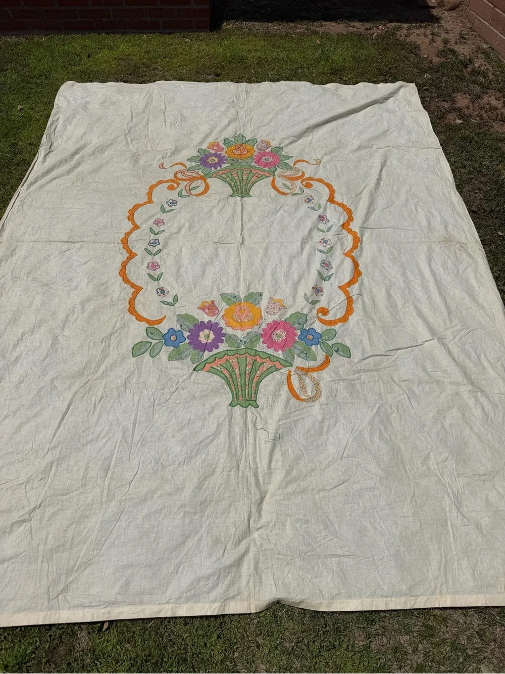 Vintage Flower Basket Embroidered Appliqué Quilt Top Unfinished READ 80x105